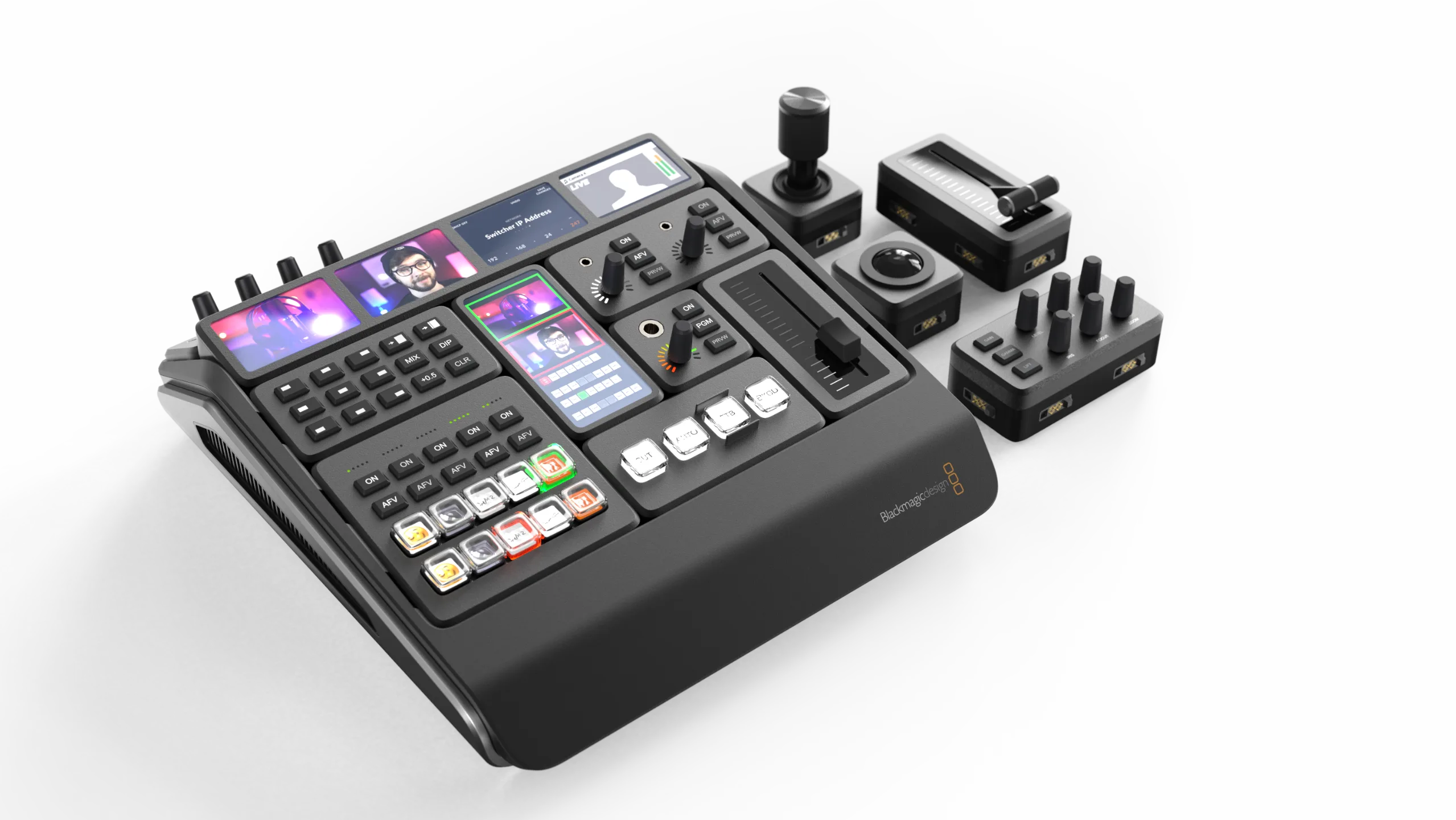 Switcher and modules — the kit, fanned out.