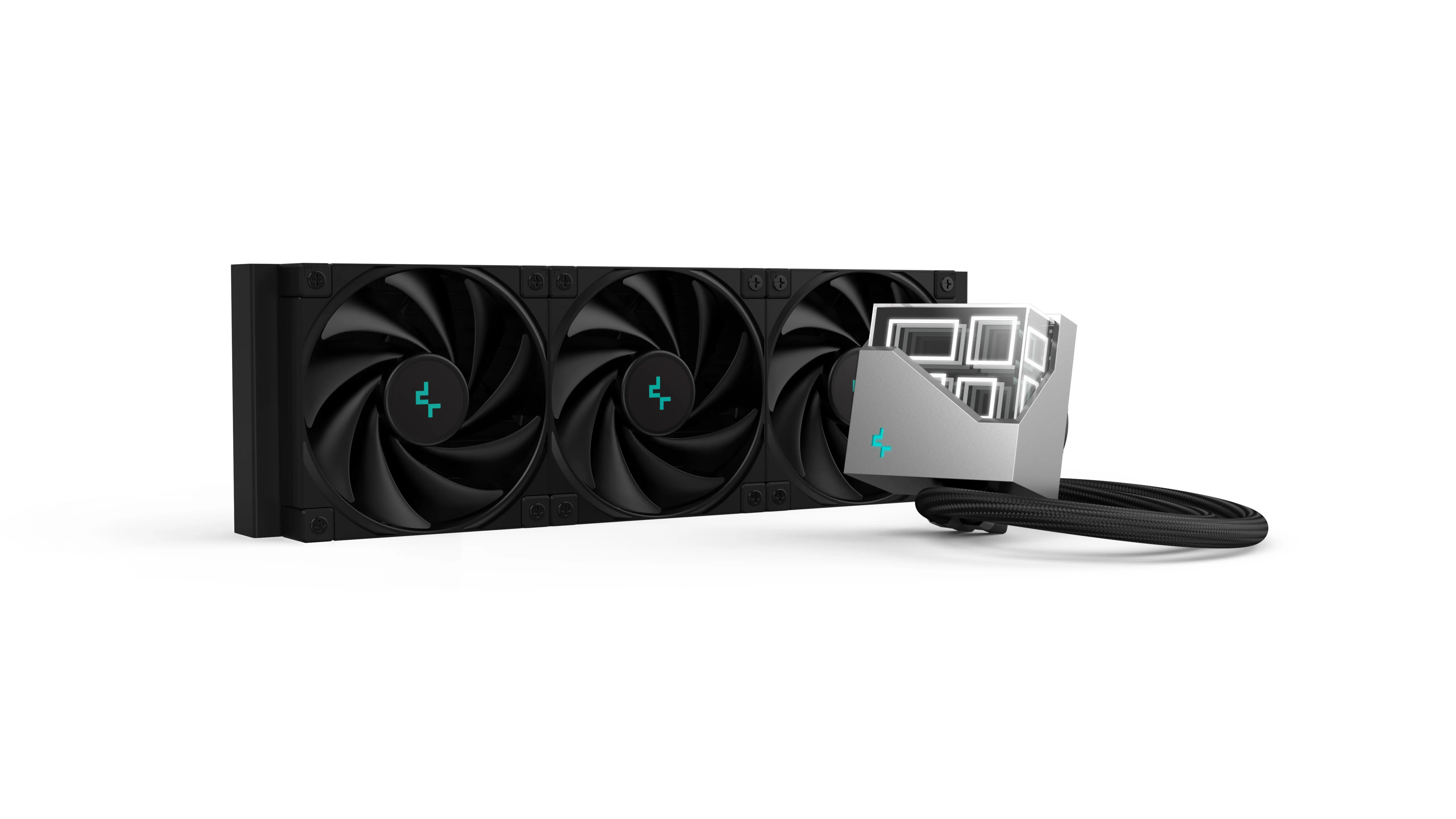 The full system — radiator, three fans, and the angular pump head