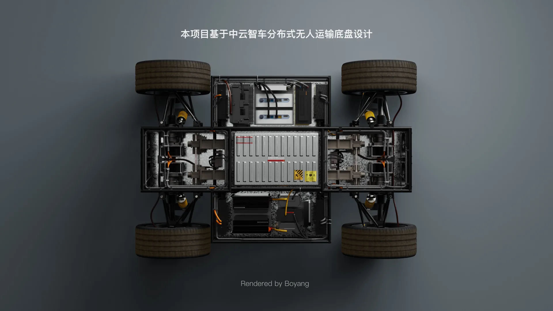Top-down view — distributed drive, sensing, and compute around the perimeter.